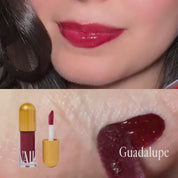top shows Guadalupe lip gloss applied on the lips and bottom shows it being swatched on the palm of hand