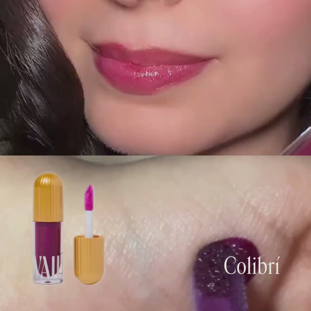top shows Colibri lip gloss applied on the lips and bottom shows it being swatched on the palm of hand