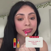 a woman apply the corazon lip gloss with a review on display that says "beautiful shade of lipgloss" by Leslie