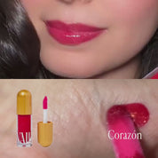 top shows Corazon lip gloss applied on the lips and bottom shows it being swatched on the palm of hand