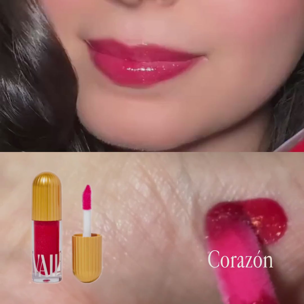 top shows Corazon lip gloss applied on the lips and bottom shows it being swatched on the palm of hand