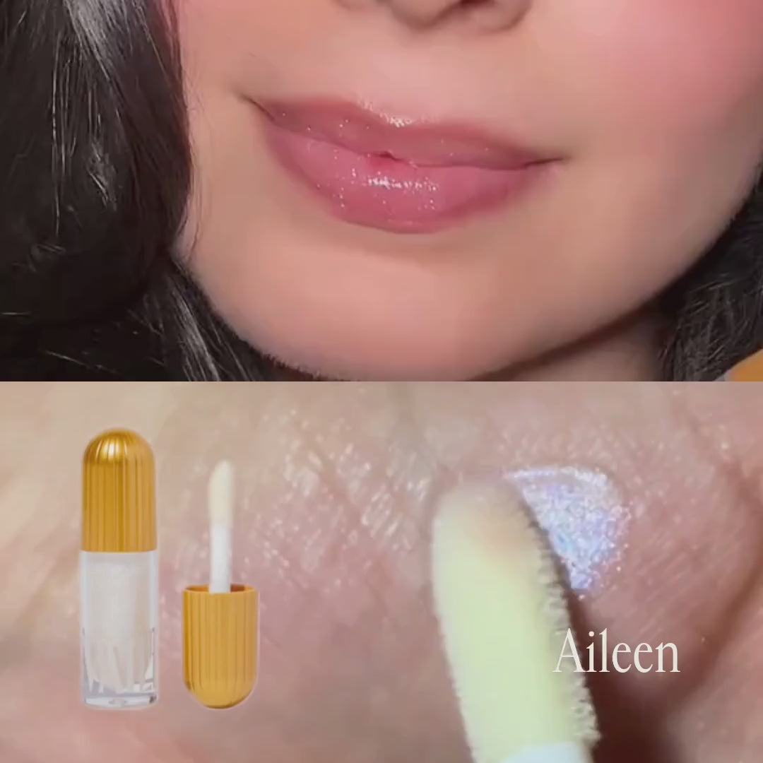 top shows Aileen lip gloss applied on the lips and bottom shows it being swatched on the palm of hand