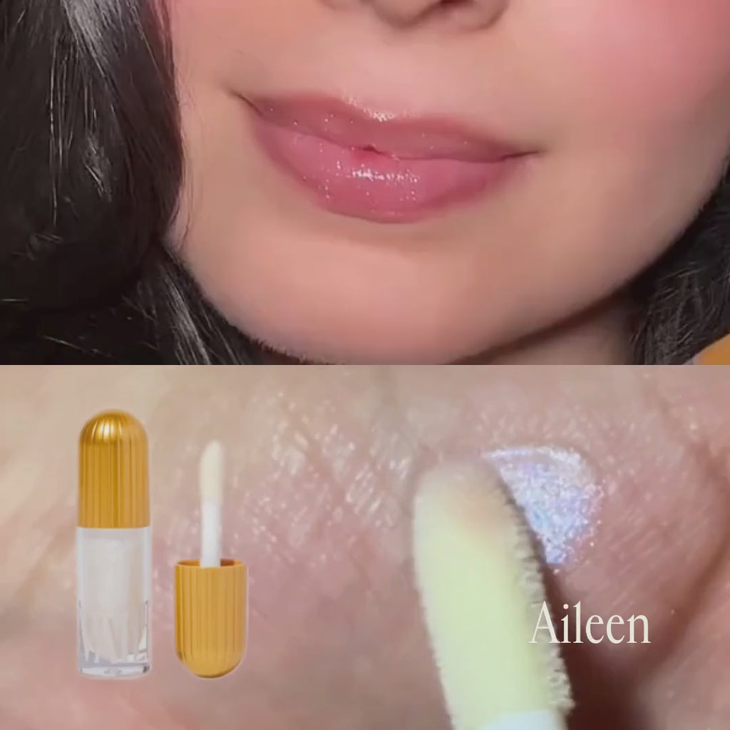 top shows Aileen lip gloss applied on the lips and bottom shows it being swatched on the palm of hand