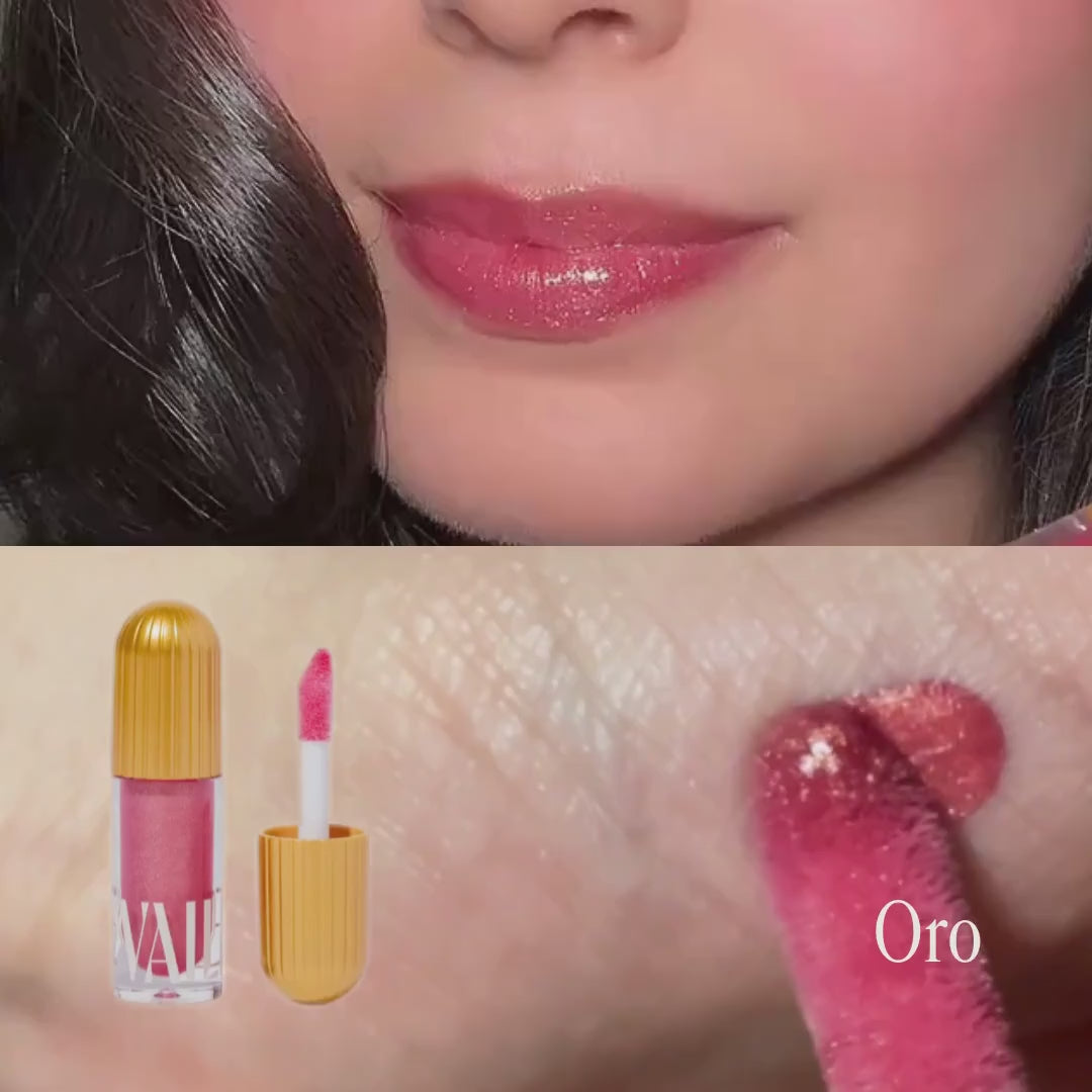 top shows Oro lip gloss applied on the lips and bottom shows it being swatched on the palm of hand